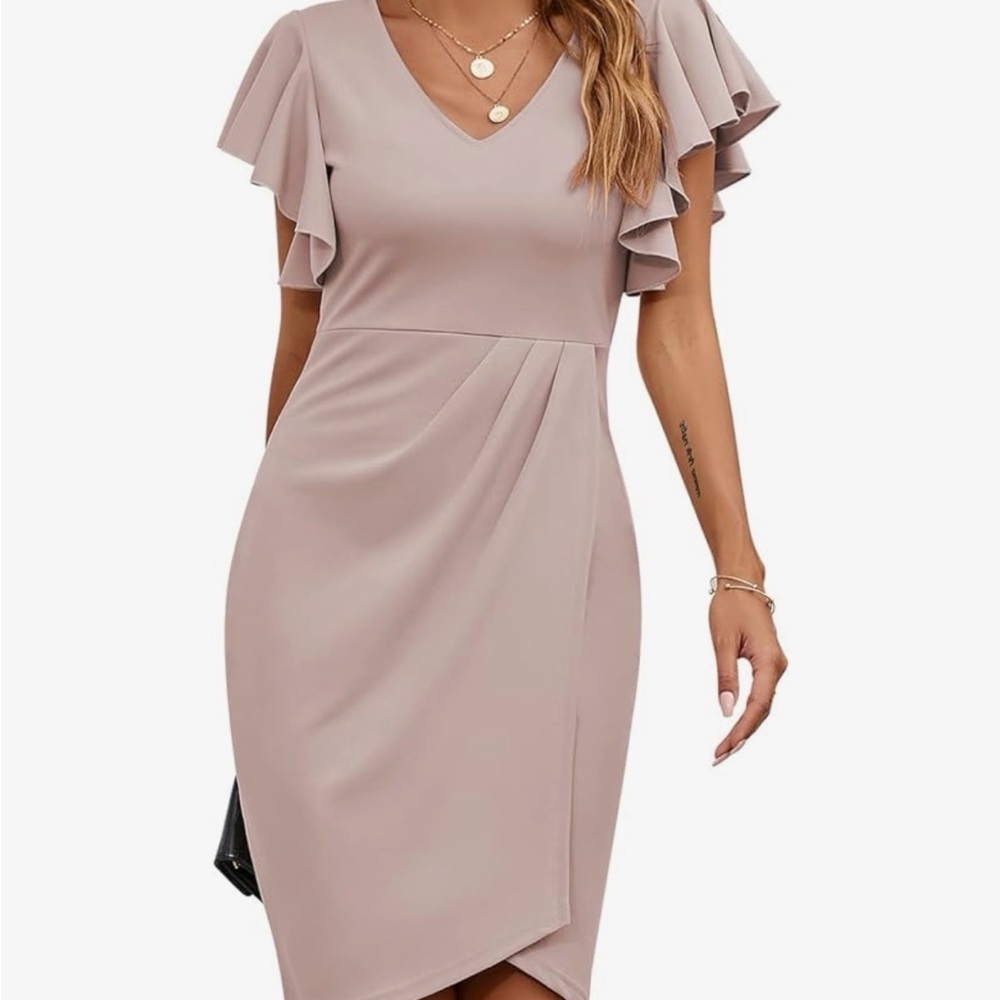 Elegant V-Neck Ruffle Sleeve Midi Dress - Blush